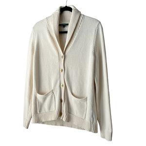 Lauren Ralph Lauren Cream Knit Cardigan Sweater with Gold Buttons Size Large